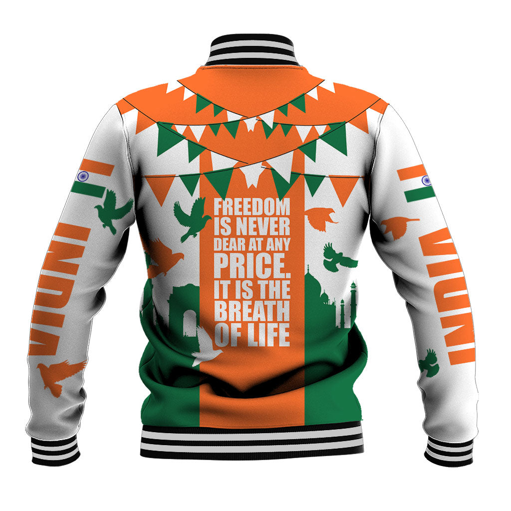 India Patriotic Freedom Baseball Jacket Flag Colors Raised Fist Typography Graphic