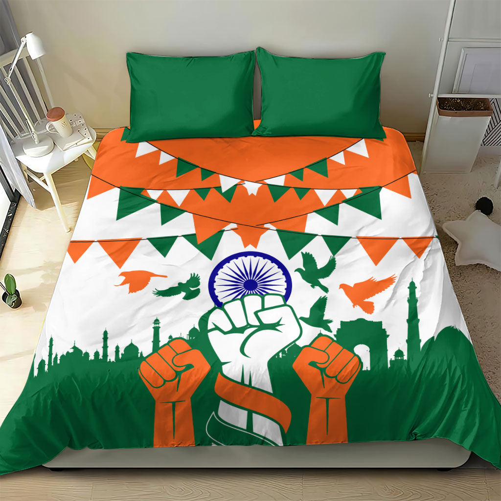 India Patriotic Freedom Bedding Set Flag Colors Raised Fist Typography Graphic