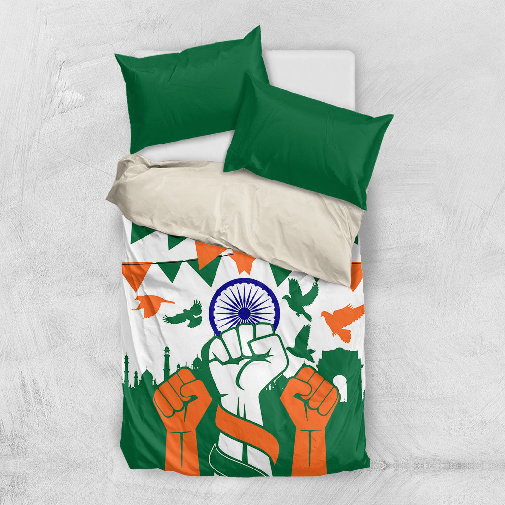 India Patriotic Freedom Bedding Set Flag Colors Raised Fist Typography Graphic
