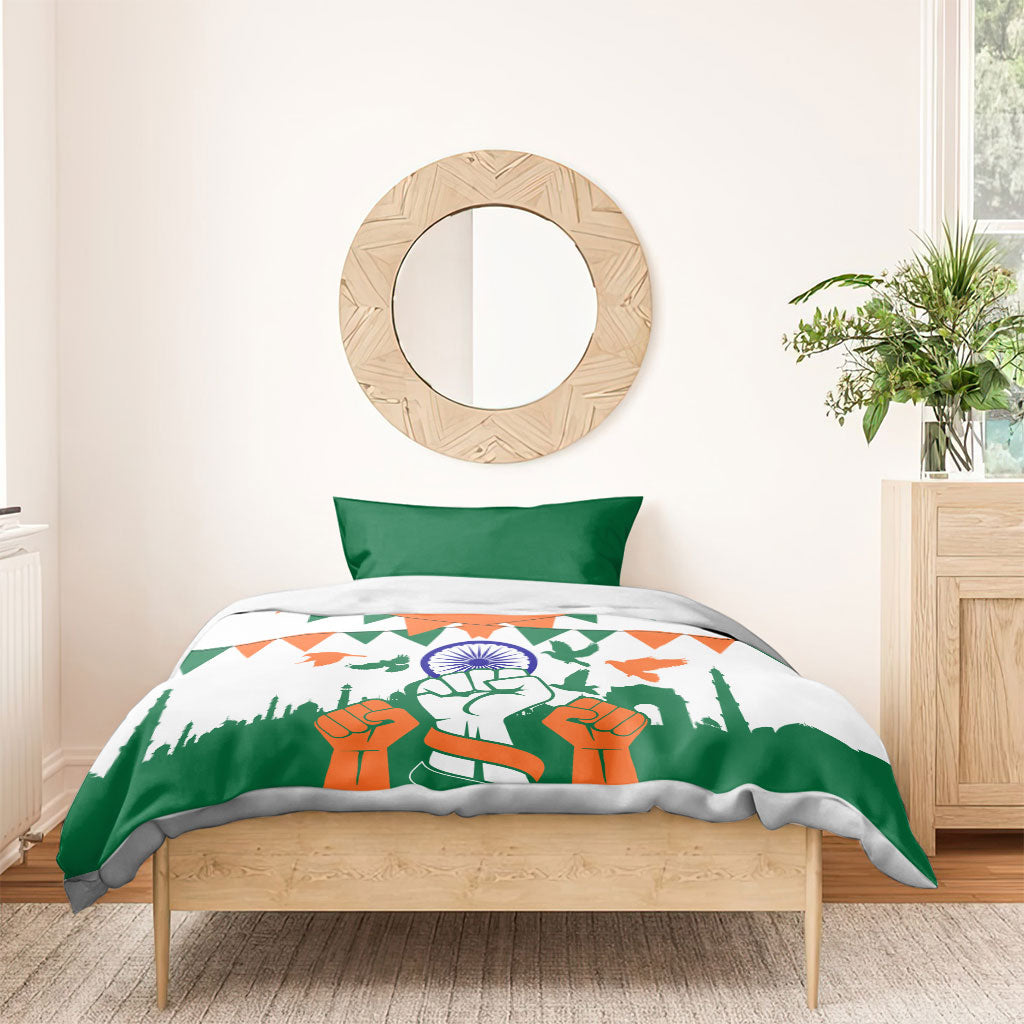India Patriotic Freedom Bedding Set Flag Colors Raised Fist Typography Graphic