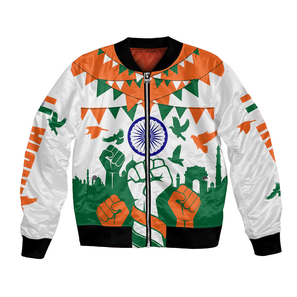India Patriotic Freedom Bomber Jacket Flag Colors Raised Fist Typography Graphic