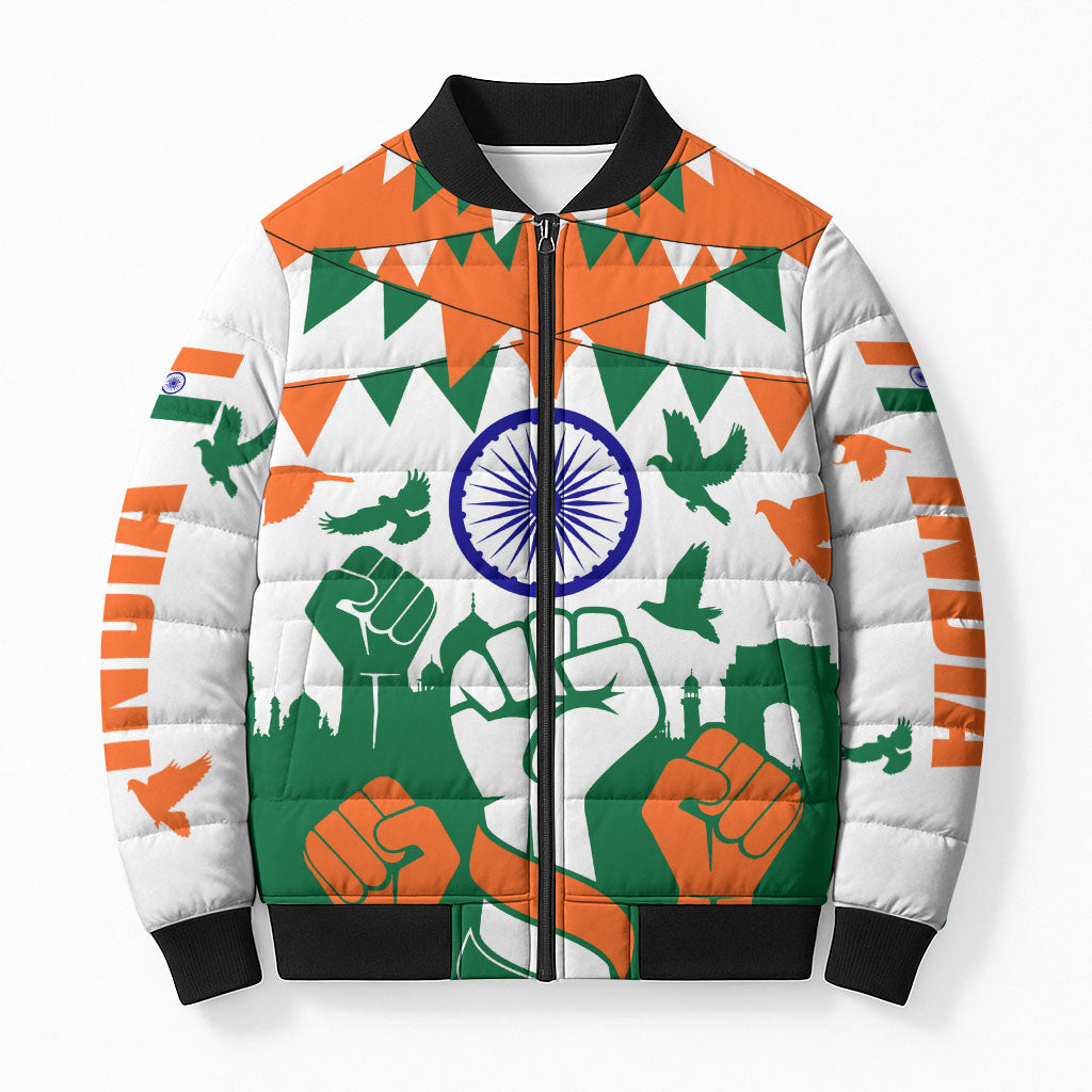 India Patriotic Freedom Bomber Puffer Jacket Flag Colors Raised Fist Typography Graphic