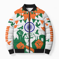 India Patriotic Freedom Bomber Puffer Jacket Flag Colors Raised Fist Typography Graphic