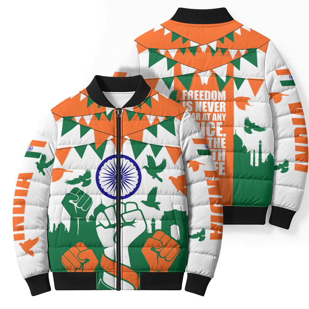India Patriotic Freedom Bomber Puffer Jacket Flag Colors Raised Fist Typography Graphic