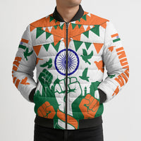 India Patriotic Freedom Bomber Puffer Jacket Flag Colors Raised Fist Typography Graphic