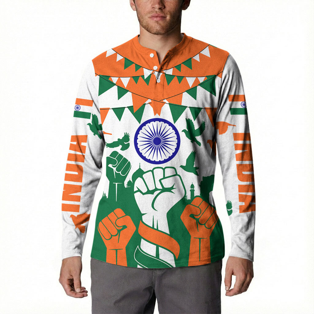 India Patriotic Freedom Button Sweatshirt Flag Colors Raised Fist Typography Graphic