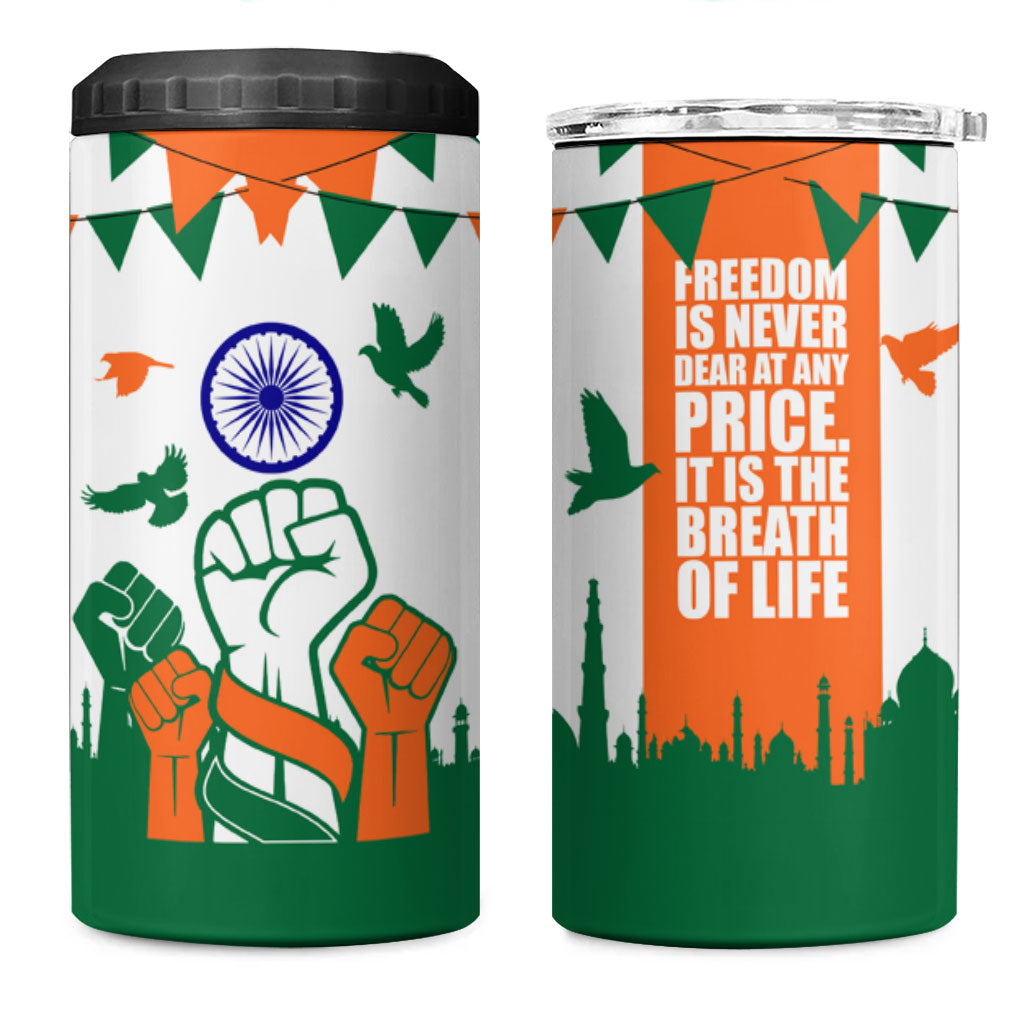 India Patriotic Freedom 4 in 1 Can Cooler Tumbler Flag Colors Raised Fist Typography Graphic