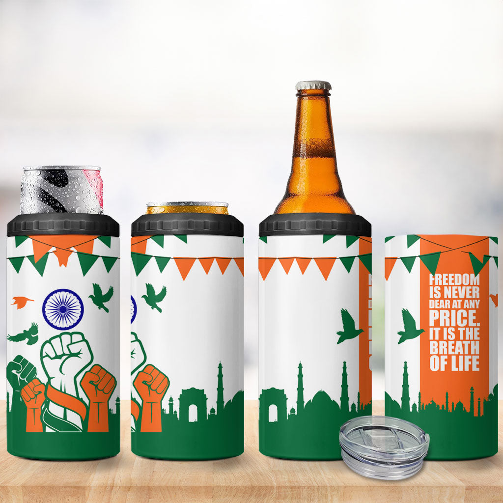 India Patriotic Freedom 4 in 1 Can Cooler Tumbler Flag Colors Raised Fist Typography Graphic