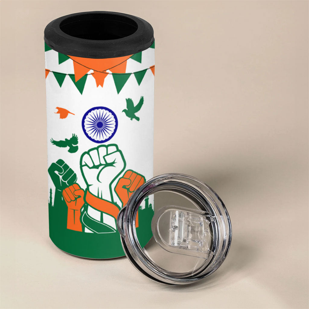India Patriotic Freedom 4 in 1 Can Cooler Tumbler Flag Colors Raised Fist Typography Graphic