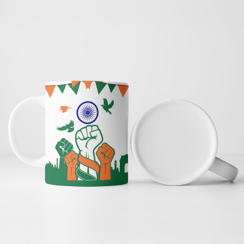 India Patriotic Freedom Ceramic Mug Flag Colors Raised Fist Typography Graphic