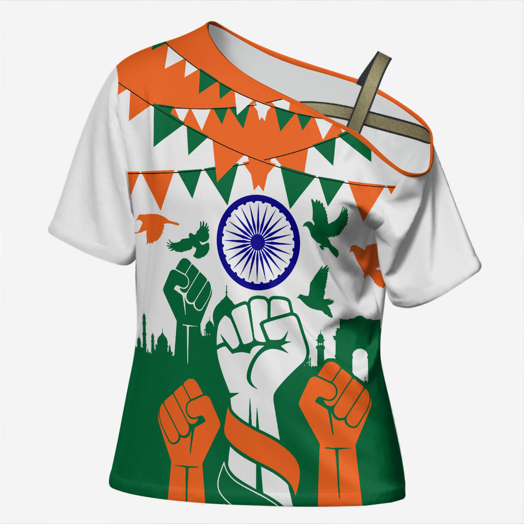 India Patriotic Freedom Cross Shoulder Shirt Flag Colors Raised Fist Typography Graphic