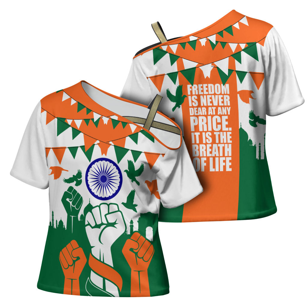 India Patriotic Freedom Cross Shoulder Shirt Flag Colors Raised Fist Typography Graphic