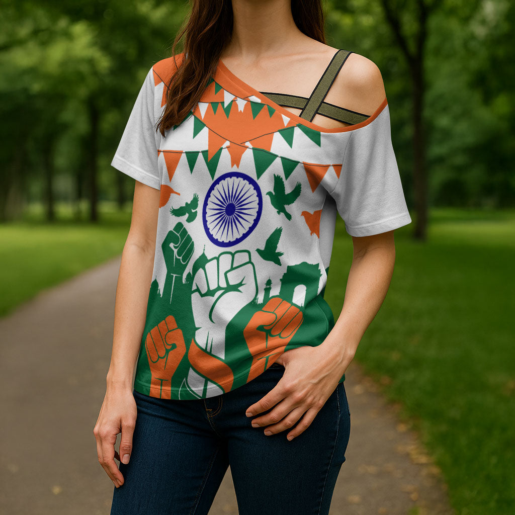 India Patriotic Freedom Cross Shoulder Shirt Flag Colors Raised Fist Typography Graphic
