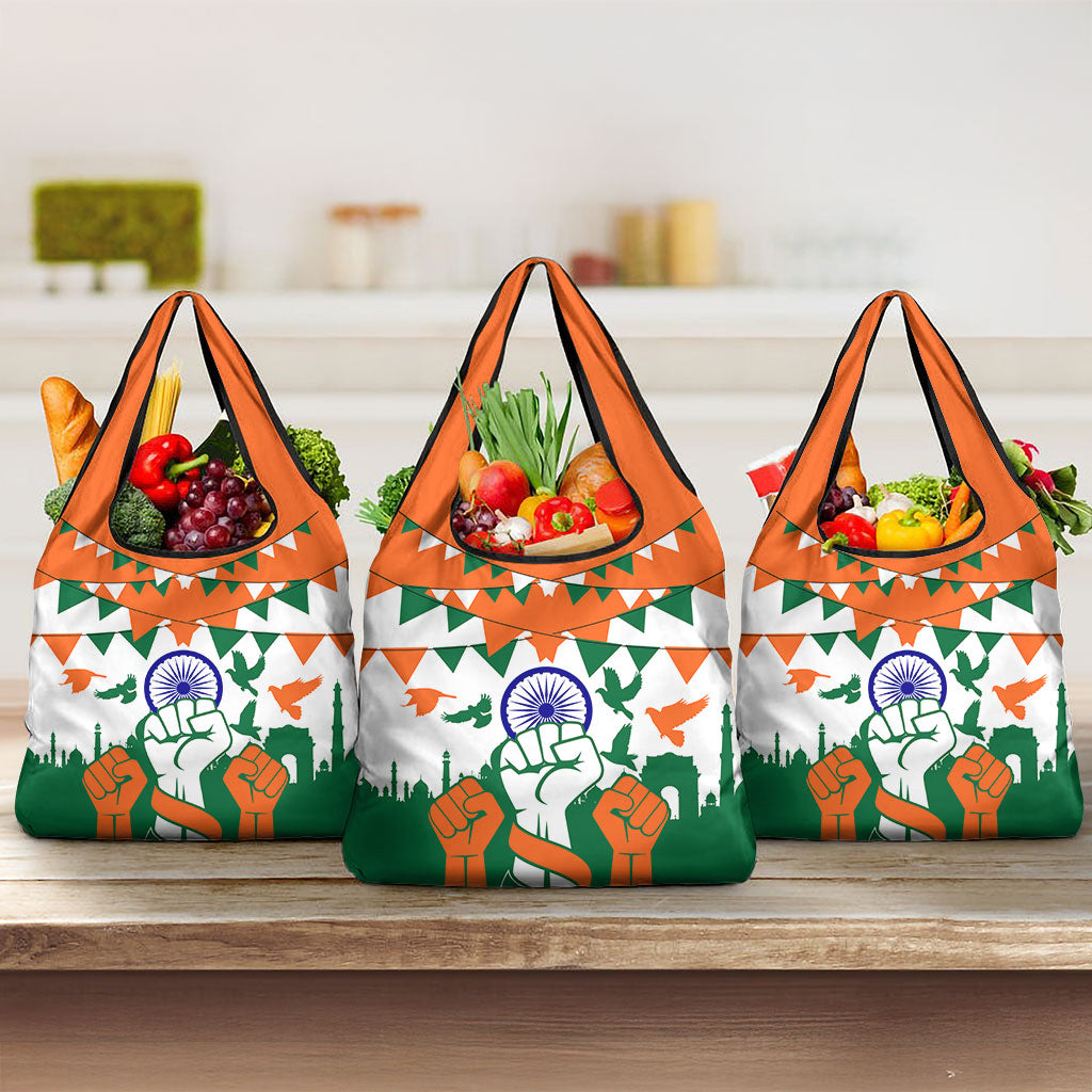 India Patriotic Freedom Grocery Bag Flag Colors Raised Fist Typography Graphic