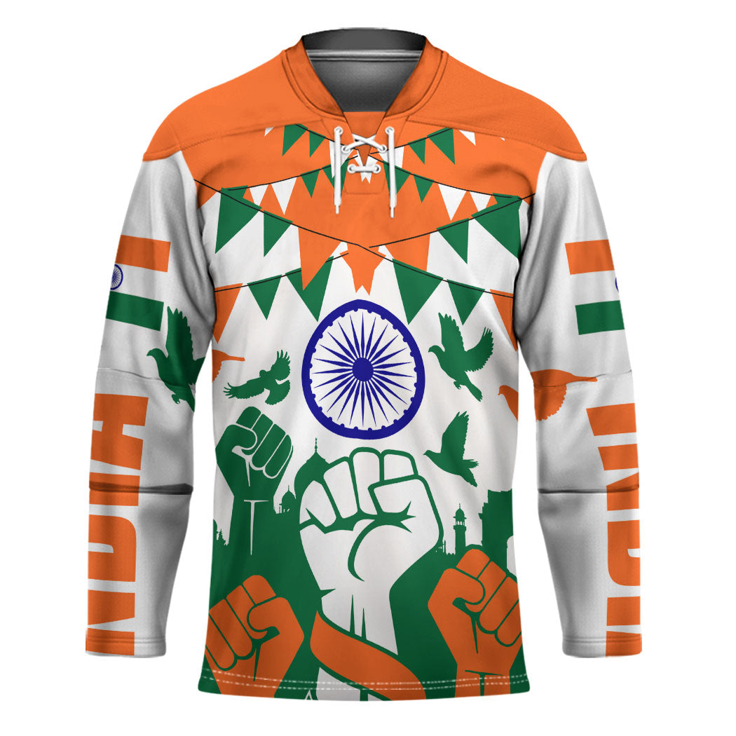 India Patriotic Freedom Hockey Jersey Flag Colors Raised Fist Typography Graphic