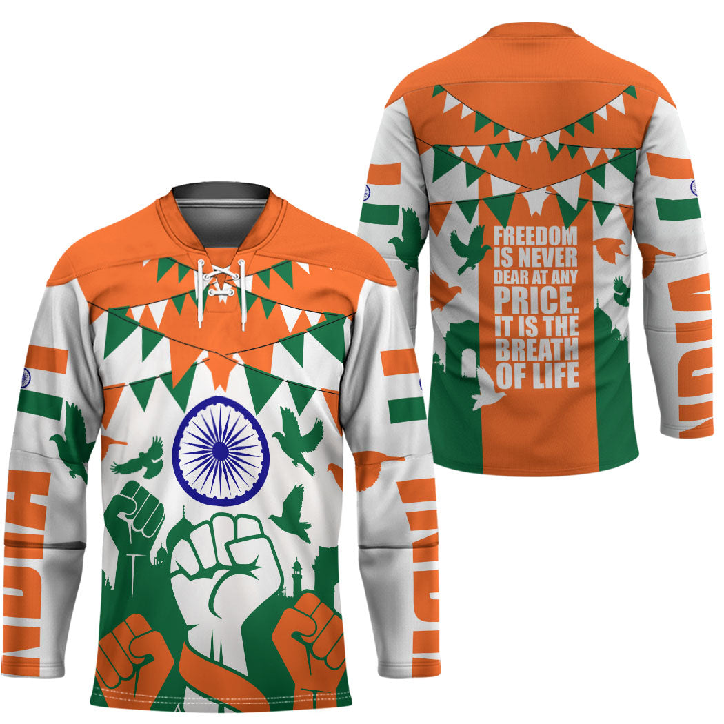 India Patriotic Freedom Hockey Jersey Flag Colors Raised Fist Typography Graphic