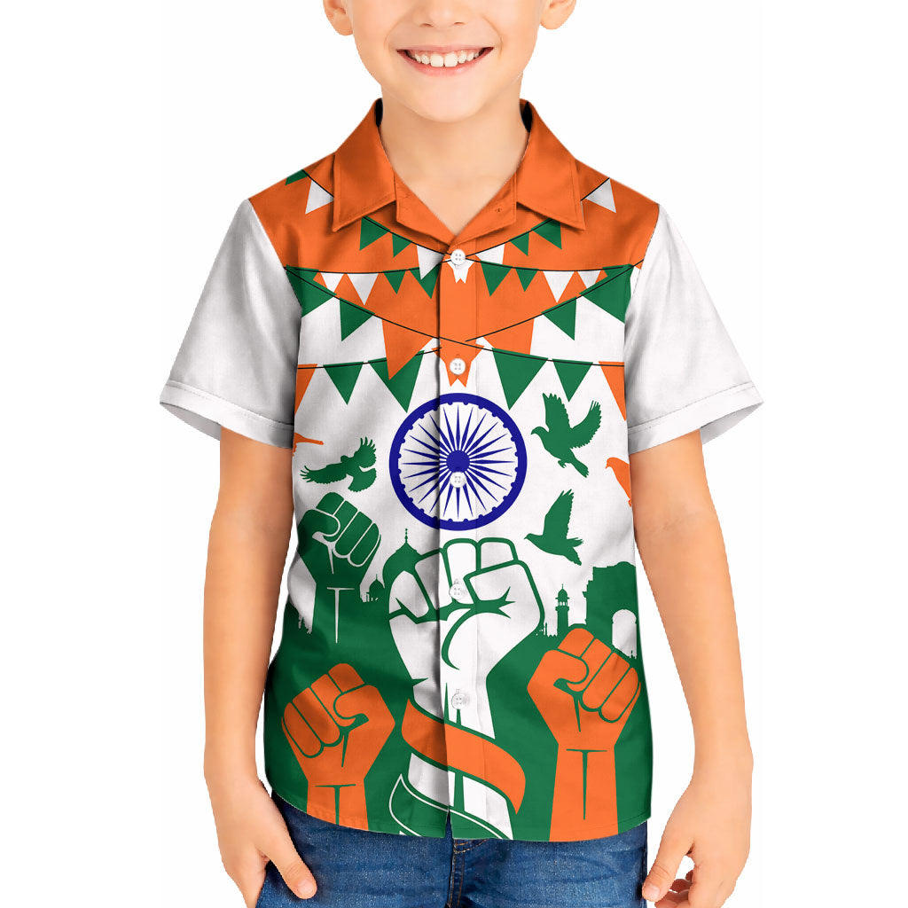India Patriotic Freedom Kid Hawaiian Shirt Flag Colors Raised Fist Typography Graphic