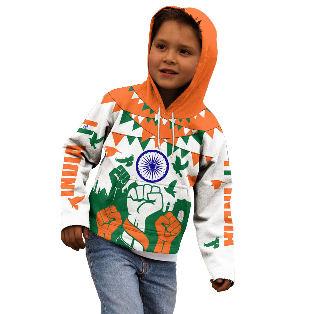 India Patriotic Freedom Kid Hoodie Flag Colors Raised Fist Typography Graphic