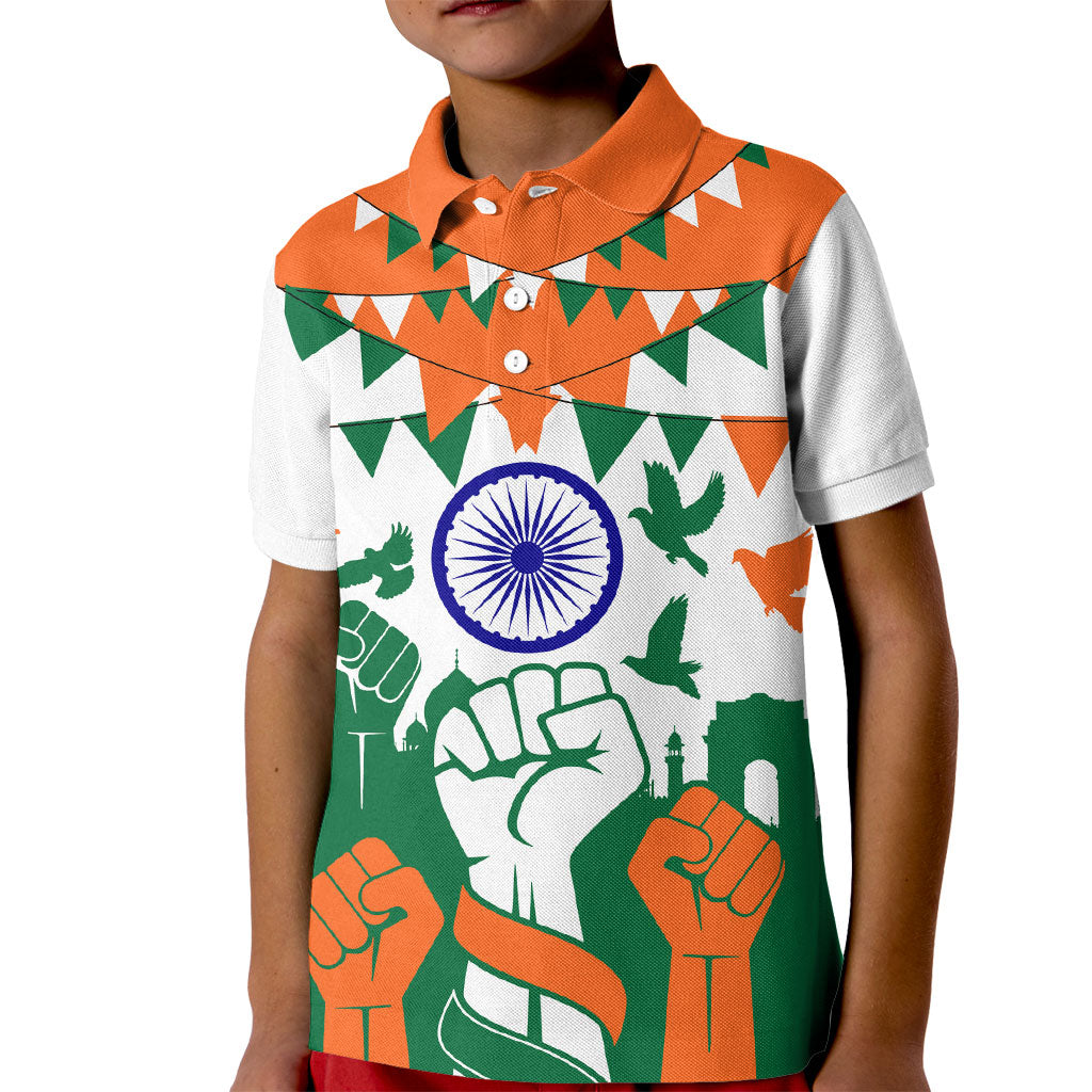 India Patriotic Freedom Kid Polo Shirt Flag Colors Raised Fist Typography Graphic