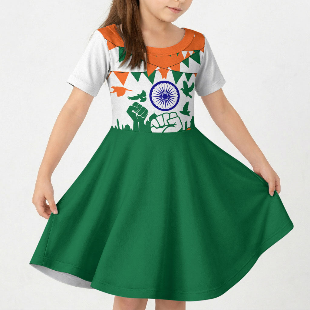 India Patriotic Freedom Kid Short Sleeve Dress Flag Colors Raised Fist Typography Graphic