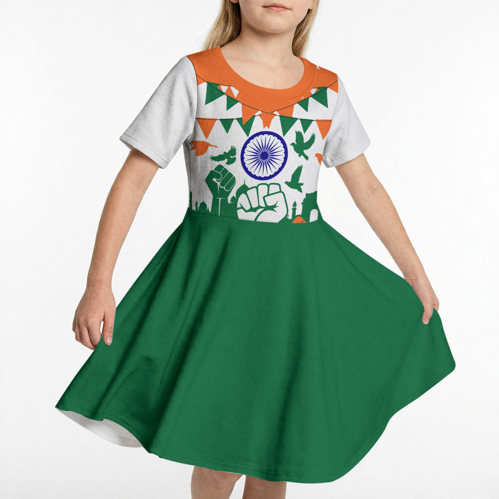 India Patriotic Freedom Kid Short Sleeve Dress Flag Colors Raised Fist Typography Graphic