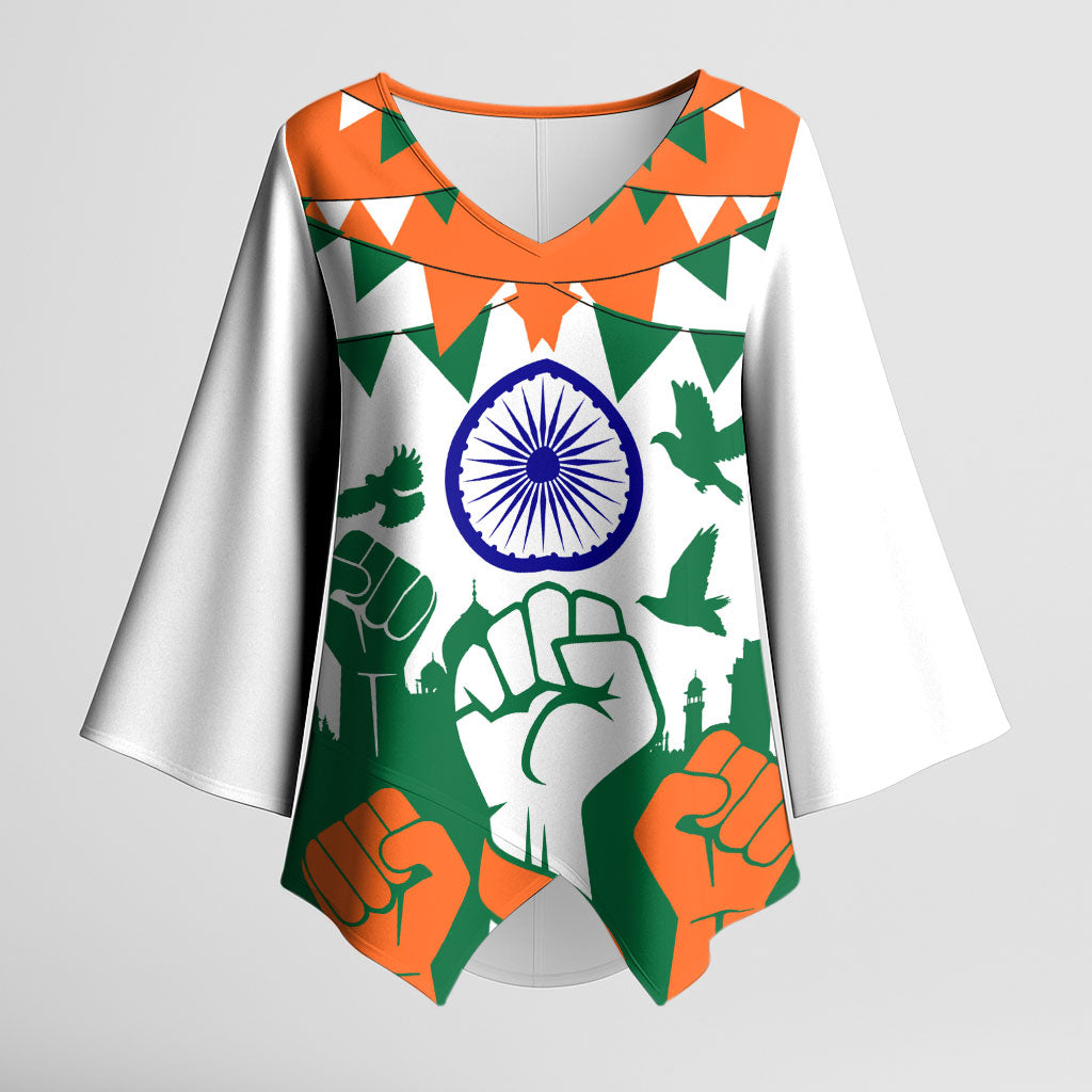 India Patriotic Freedom Kimono Sleeve Blouse Flag Colors Raised Fist Typography Graphic