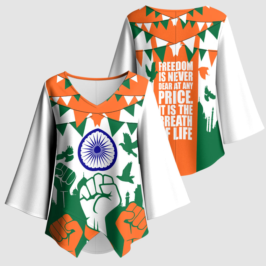 India Patriotic Freedom Kimono Sleeve Blouse Flag Colors Raised Fist Typography Graphic