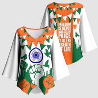 India Patriotic Freedom Kimono Sleeve Blouse Flag Colors Raised Fist Typography Graphic