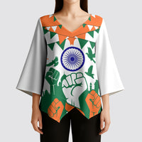 India Patriotic Freedom Kimono Sleeve Blouse Flag Colors Raised Fist Typography Graphic