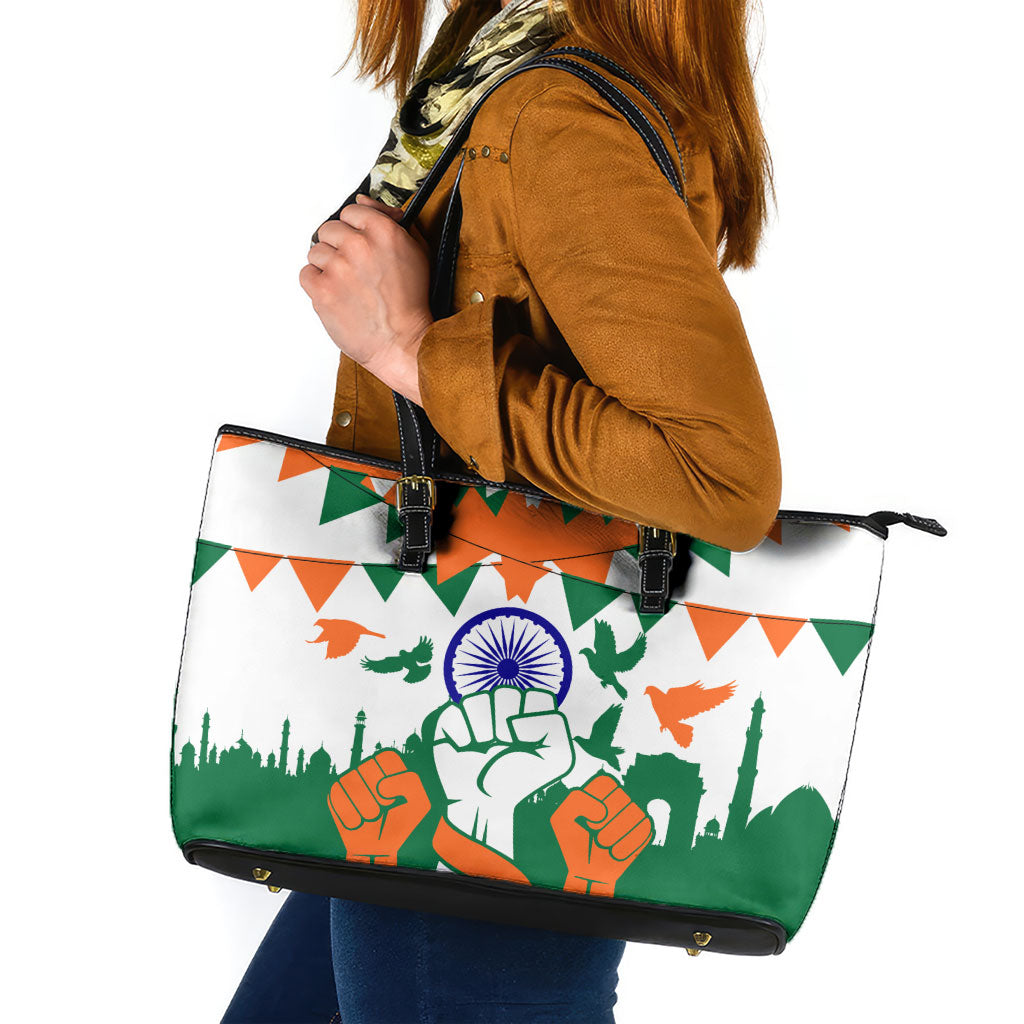 India Patriotic Freedom Leather Tote Bag Flag Colors Raised Fist Typography Graphic
