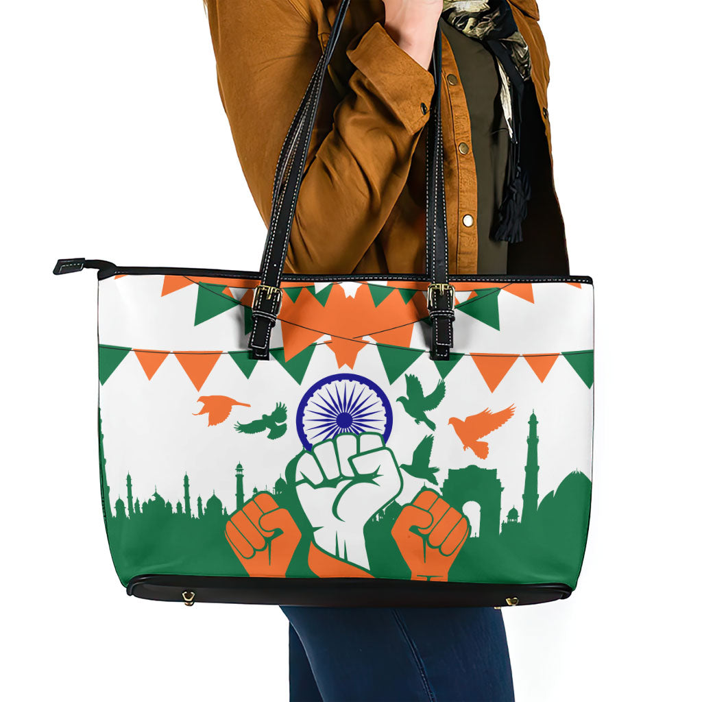 India Patriotic Freedom Leather Tote Bag Flag Colors Raised Fist Typography Graphic