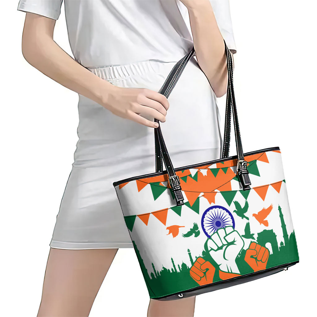 India Patriotic Freedom Leather Tote Bag Flag Colors Raised Fist Typography Graphic