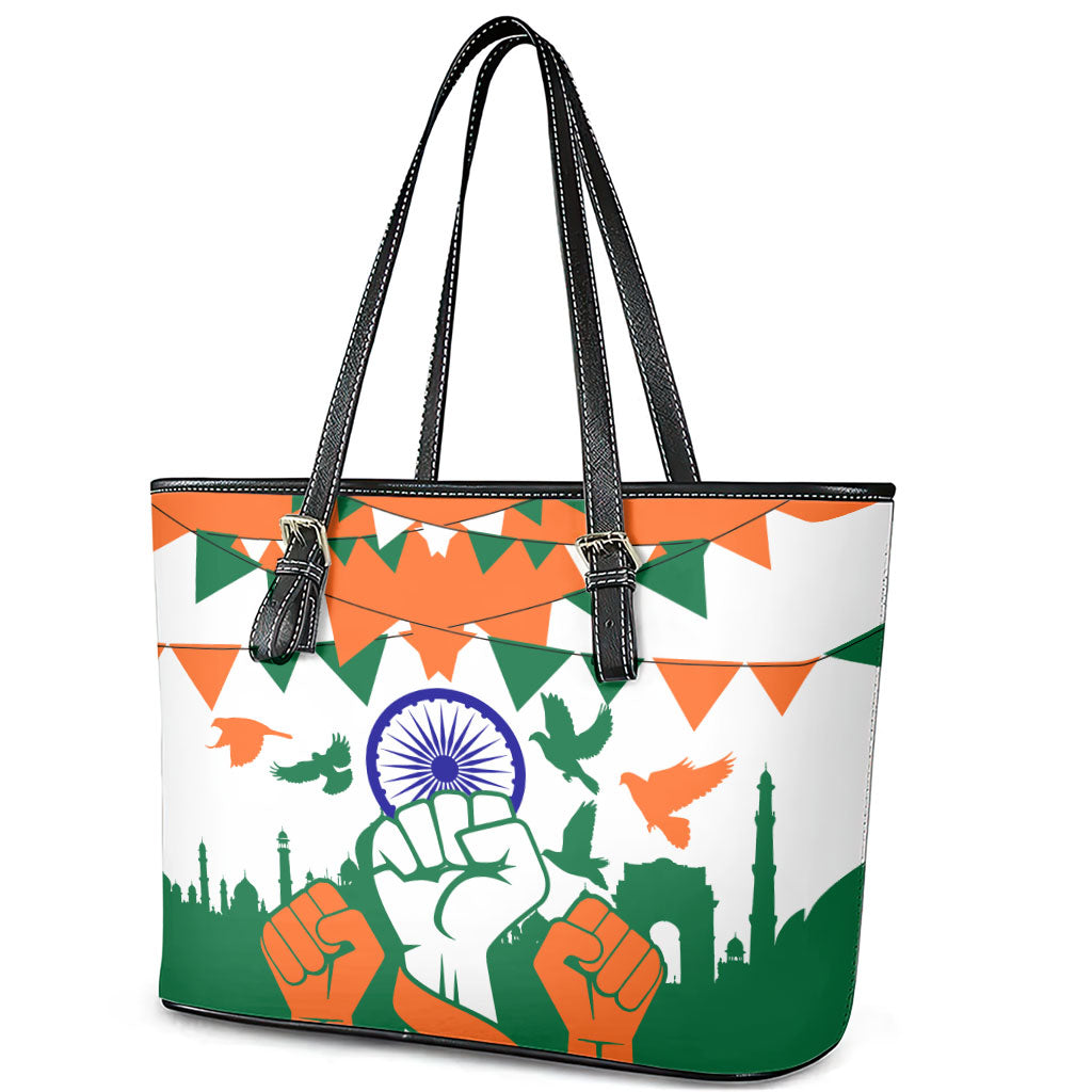 India Patriotic Freedom Leather Tote Bag Flag Colors Raised Fist Typography Graphic