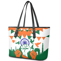 India Patriotic Freedom Leather Tote Bag Flag Colors Raised Fist Typography Graphic