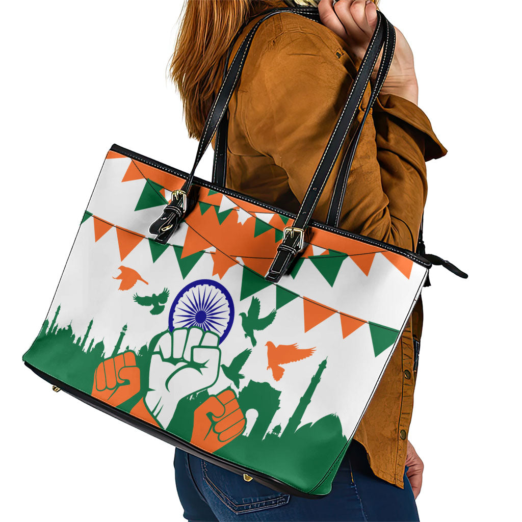 India Patriotic Freedom Leather Tote Bag Flag Colors Raised Fist Typography Graphic