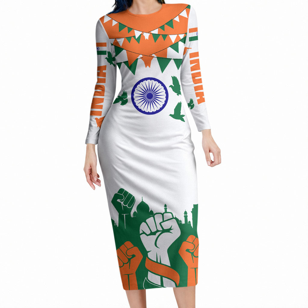 India Patriotic Freedom Long Sleeve Bodycon Dress Flag Colors Raised Fist Typography Graphic