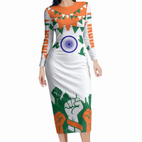 India Patriotic Freedom Long Sleeve Bodycon Dress Flag Colors Raised Fist Typography Graphic