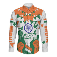 India Patriotic Freedom Long Sleeve Button Shirt Flag Colors Raised Fist Typography Graphic