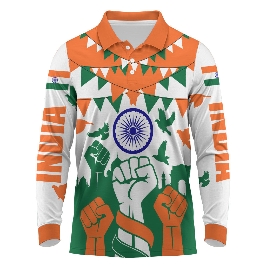 India Patriotic Freedom Long Sleeve Polo Shirt Flag Colors Raised Fist Typography Graphic