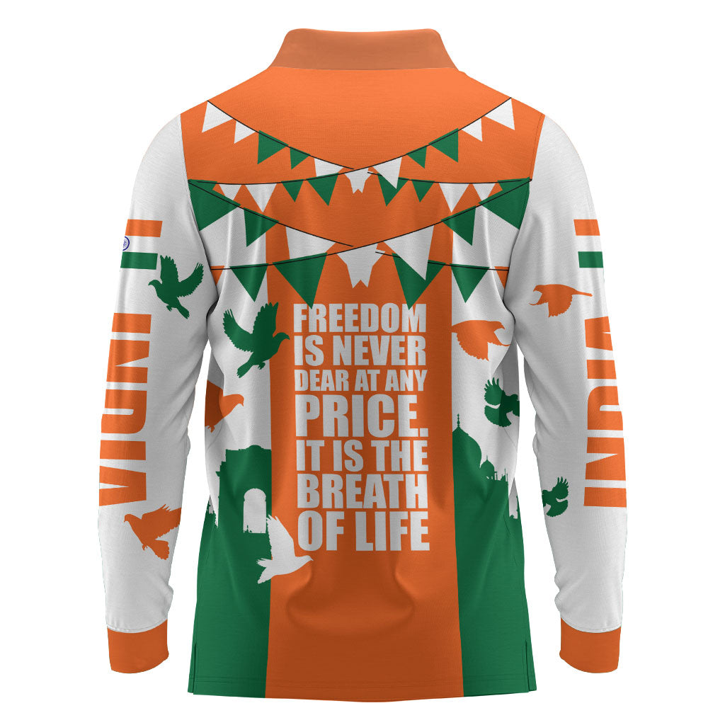 India Patriotic Freedom Long Sleeve Polo Shirt Flag Colors Raised Fist Typography Graphic