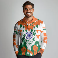 India Patriotic Freedom Long Sleeve Polo Shirt Flag Colors Raised Fist Typography Graphic