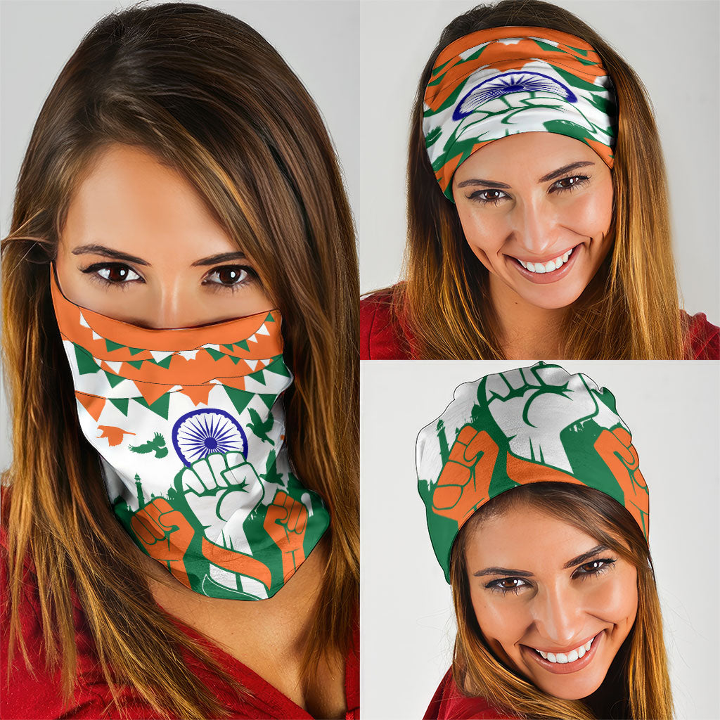 India Patriotic Freedom Neck Gaiter Flag Colors Raised Fist Typography Graphic