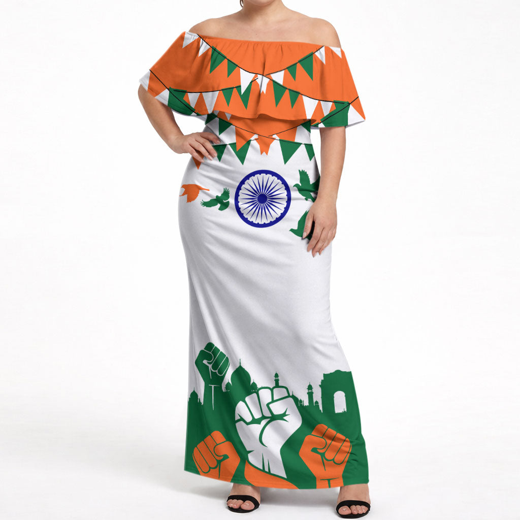 India Patriotic Freedom Off Shoulder Maxi Dress Flag Colors Raised Fist Typography Graphic