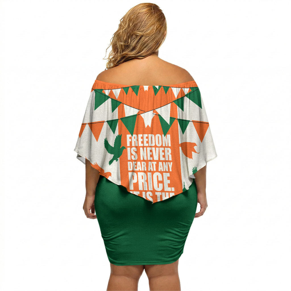 India Patriotic Freedom Off Shoulder Short Dress Flag Colors Raised Fist Typography Graphic