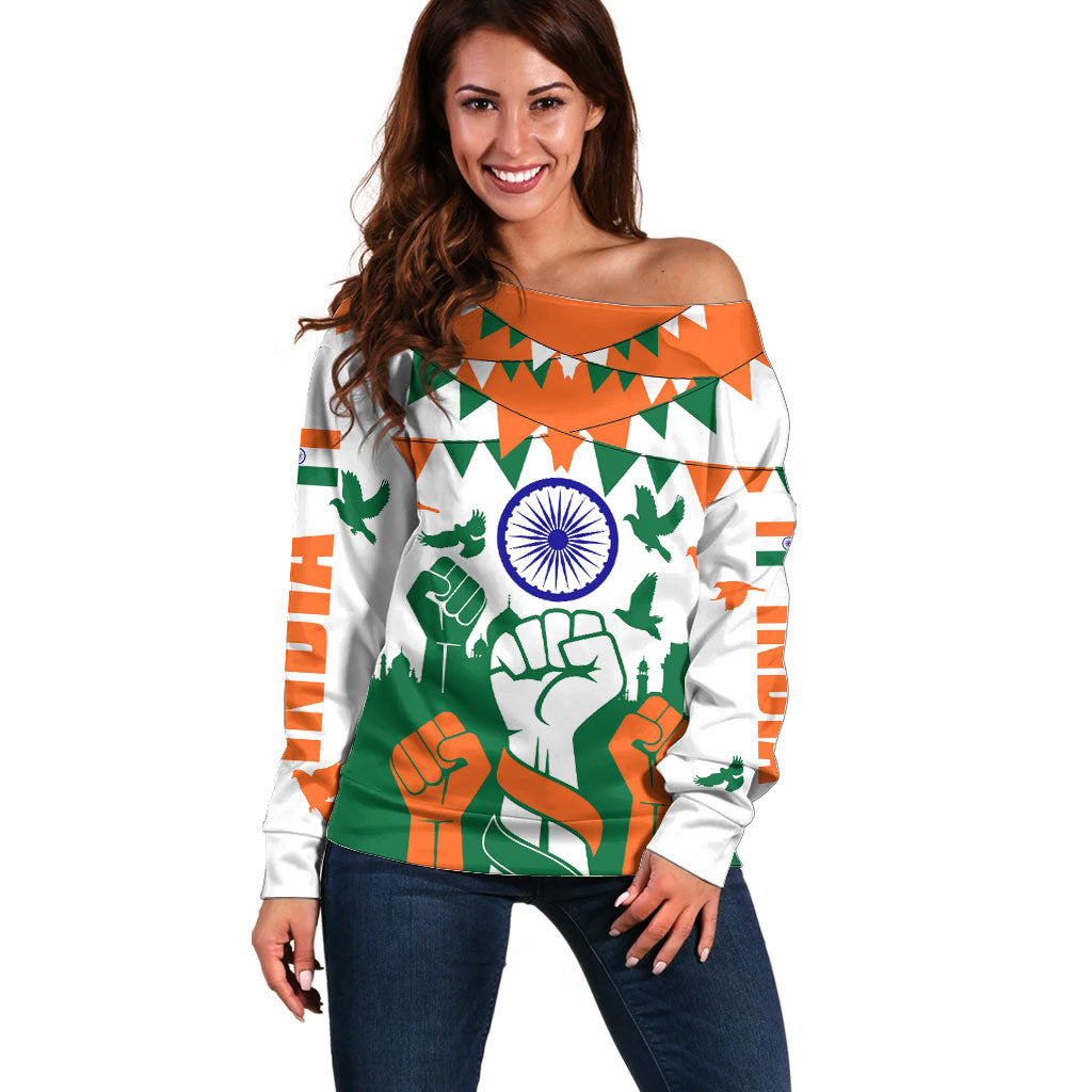 India Patriotic Freedom Off Shoulder Sweater Flag Colors Raised Fist Typography Graphic