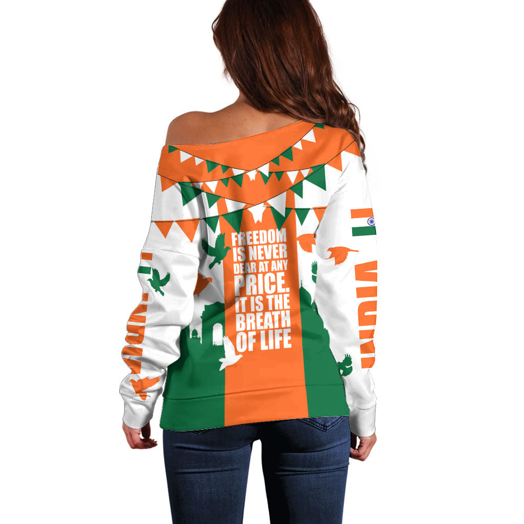 India Patriotic Freedom Off Shoulder Sweater Flag Colors Raised Fist Typography Graphic