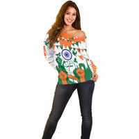 India Patriotic Freedom Off Shoulder Sweater Flag Colors Raised Fist Typography Graphic