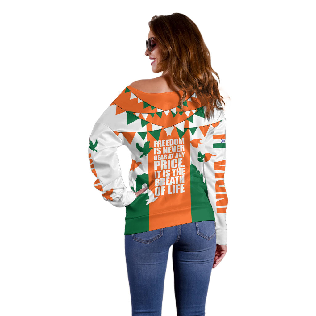India Patriotic Freedom Off Shoulder Sweater Flag Colors Raised Fist Typography Graphic