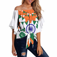 India Patriotic Freedom Off Shoulder Wrap Waist Top Flag Colors Raised Fist Typography Graphic