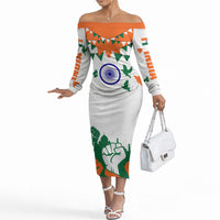 India Patriotic Freedom Off The Shoulder Long Sleeve Dress Flag Colors Raised Fist Typography Graphic